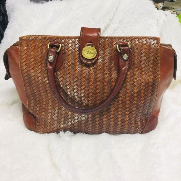 Brahmin Woven Basket Pattern Brown Gold Leather Purse - Picture 1 of 11